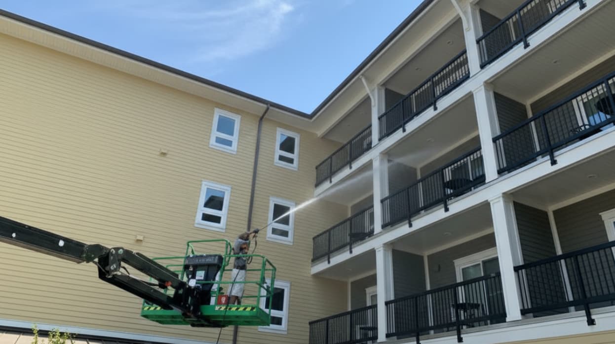 Cleaning a commercial building exterior