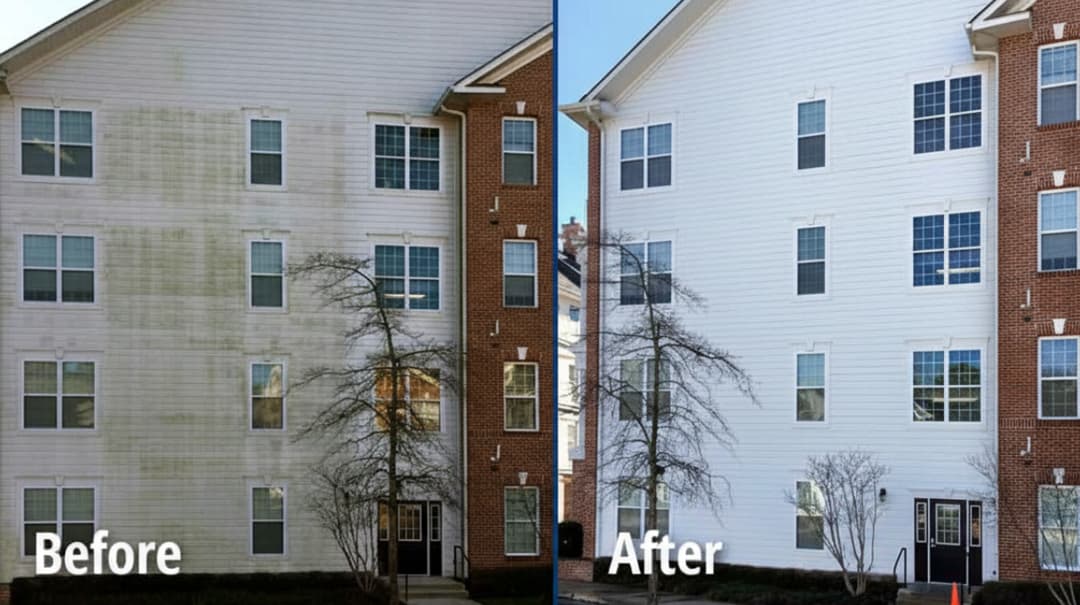 Exterior of a commercial building before professional cleaning